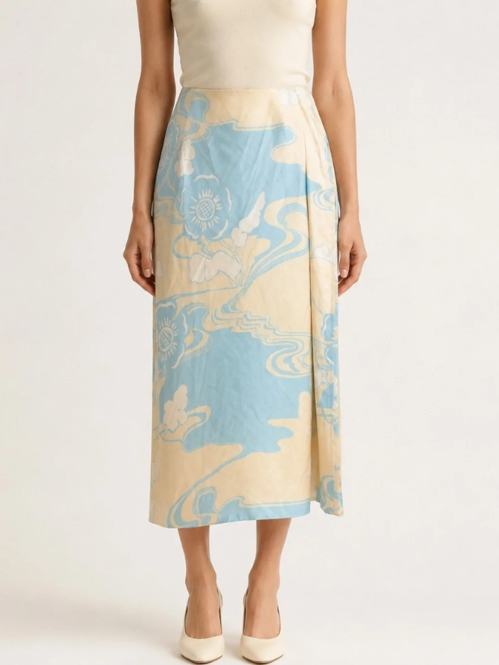 Jil Sander Floral Silk Midi Skirt Cream Blue IT 40 US 4 NWT